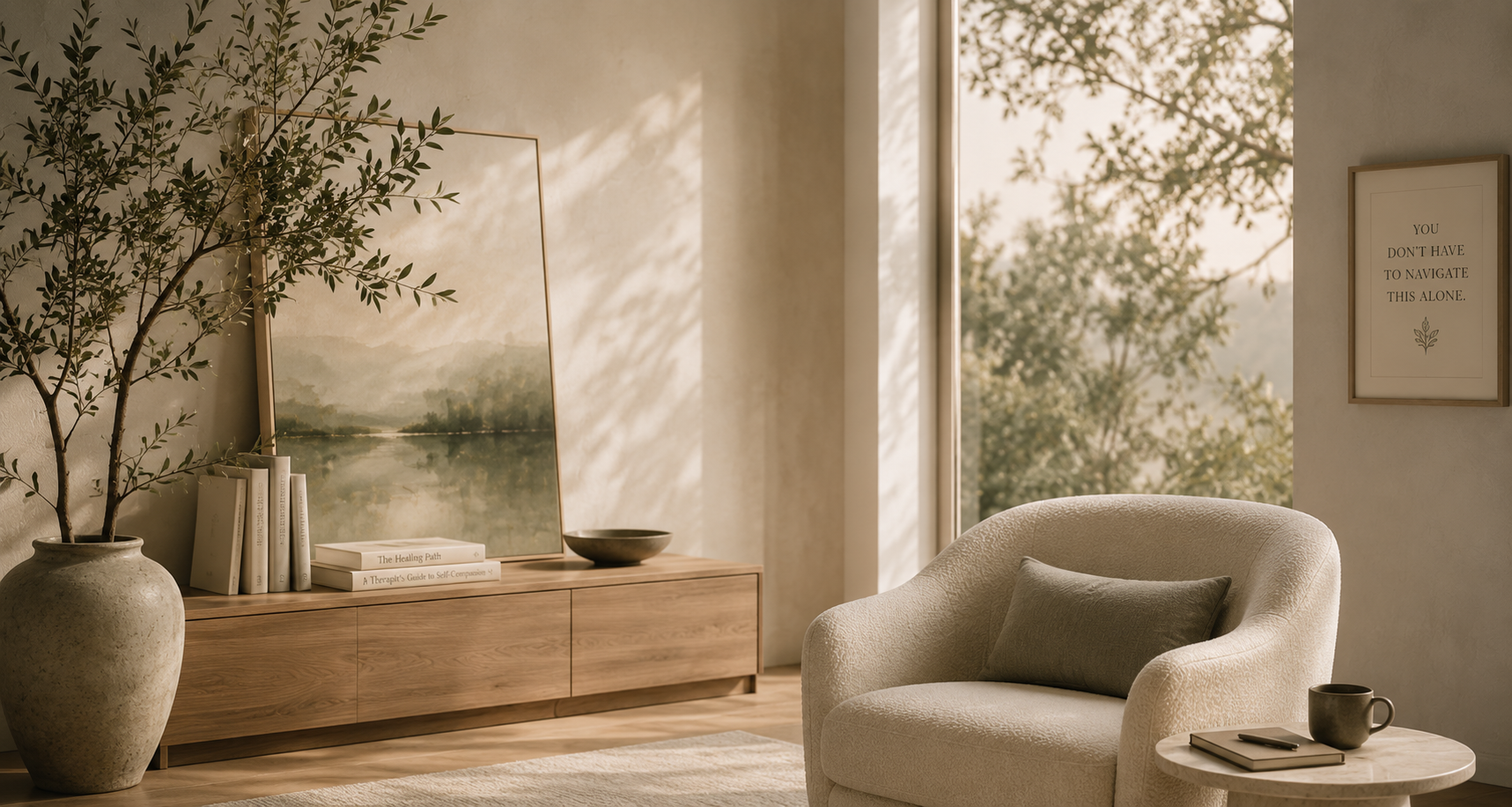 Serene therapy space with armchair, books, framed art, and natural light